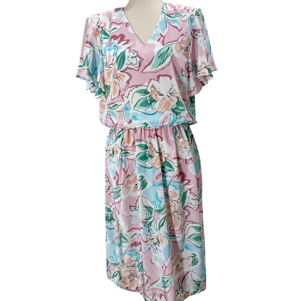 Vintage 80s Pastel Floral Blouson Dress Luci Fellini Size Large Cottage Dainty